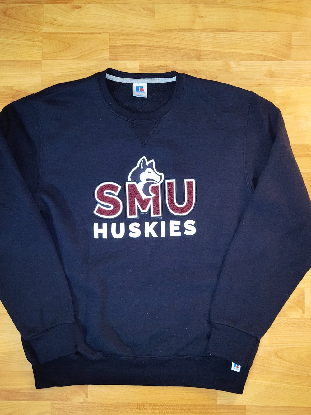 Russell Athletic SMU Huskies Black Crewneck Y2K Soft Puffy Maroon Logo, Large